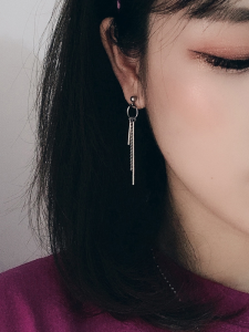 Textured Steel Bar Stick Liu Long and Short Chain Trendy Style Ear Studs Hong Kong Style Simple Street Hipster Earrings Earrings