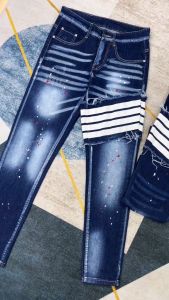 quần jean nam dài DSQ xanh rách thêu vá khuyết tật mẫu mới cá tính chất jean dày mềm dãn tốt ống bó nhẹ.