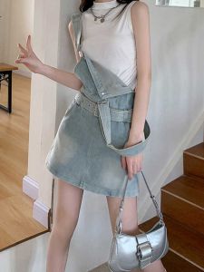 Retro Hong Kong Style Denim Overalls Dress Womens Summer 2024 A-Line Short Skirt High Waist Shorts Regular Thickness