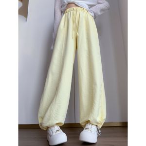 กางเกงกีฬาผ้าไหมน้ำแข็งเอวสูง กางเกงขายาวทรงหลวมลำลองฤดูร้อนใหม่สำหรับผู้หญิง กางเกงขายาวทรงคาร์โกล์แบบยูนิเซ็กซ์ 9 ส่วน