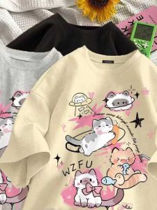 Áo Thun Cotton Tay Ngắn in Họa Tiết Hoạt Hình Cho Bé Gái Mùa Hè Dáng Rộng Thoải Mái Thoáng Khí Cổ Tròn Phong Cách Học Sinh