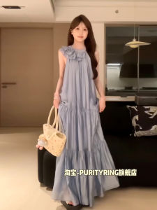 Váy Xòe Cạp Cao Màu Xanh Lam Mùa Hè Phong Cách Pháp Đi Biển Váy Chữ a Không Tay Cổ Tròn Váy Công Sở Phong Cách Hàn Quốc