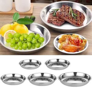 8Pcs Stainless Steel Plate Set Round Shallow Plates BBQ Fried Chicken Barbecue Meat Plate Vegetable Fruit Storage Dishes