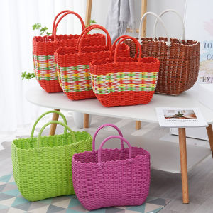 Plastic Woven Shopping Basket Color Satchel Vegetable Basket Bag Shopping Bath Basket Bathroom Rattan Bath Basket Storage Picnic