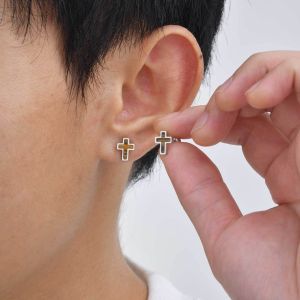 Kemstone Mens Stainless Steel Cross Stud Earrings with Natural Tiger Eye Stone for Pierced Ears