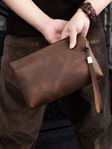 Top Layer Cowhide Leather Mens Fashion Handbag Vintage Style Envelope Clutch Bag Casual Handheld Bag Real Leather Handbag