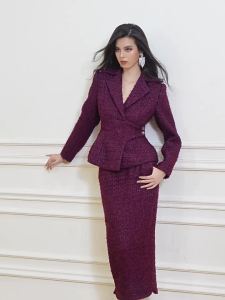 French Style Wine Red Collar Body-con Suit