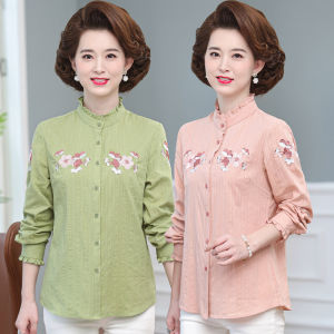 เสื้อเชิ้ตคอตตอนแท้แขนยาวปานกลางสำหรับผู้หญิงวัยกลางคนและผู้สูงอายุ ฤดูใบไม้ผลิและฤดูใบไม้ร่วง คอตตอนแท้ ปักลาย ขนาดใหญ่ เสื้อเชิ้ตผู้หญิง