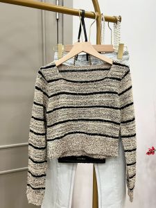 ●ECLAIRE● 043 Blouse Knit Rajut Crop Longslevess Lengan Panjang Crewneck Motif Stripe Salur Garis-garis Kasual Casual Kerja Lolanna Import