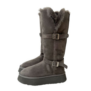 Gray Fleece Lined Snow Boots Womens Winter Thick Bottom Heightened Long Tube Cotton Shoes Korean Style High Top Boots