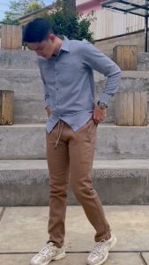 EMOLINE Kemeja Pria Basic Polos Panjang Grey