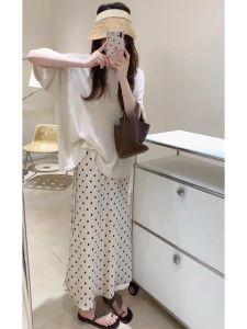 YUEZHONGWEI | Áo thun tay ngắn dệt kim lụa băng trắng cổ tròn dáng rộng mùa hè thiết kế tay lửng phong cách Hàn Quốc thường ngày cho nữ