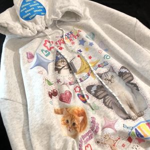 Daiwing Hoodie Sweatshirt Student Couple Cat Design Autumn Winter Casual Loose Fit Cartoon Print Streetwear for Men