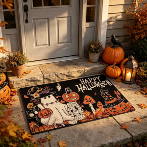 VIKAMA Happy Halloween Doormat Ghost Pumpkin Bat Print Non Slip Front Door Mat Home Entrance Festival Decor Rug