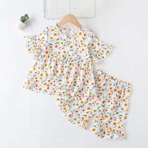 Cool Cotton Silk Childrens Home Clothes Set for Girls Short Sleeve Shorts Two-Piece Set Breathable Moisture-Wicking Korean Style Summer Outfit