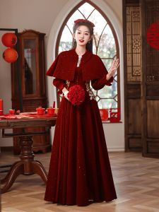 ชุดราตรีผ้ากำมะหยี่แขนยาวไซส์ใหญ่ ชุดแต่งงานฤดูหนาว ชุดราตรีทรงเข้ารูป ปกโปโล กระโปรงทรงเอ ชุดราตรี