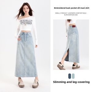 La Chapelle | Vintage High Waist A-Line Midi Skirt with Slit Denim Skirt
