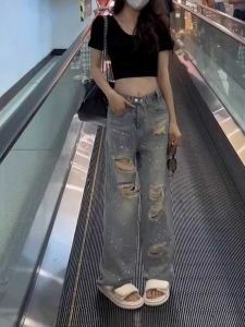 European Style Loose Fit High Waist Jeans Womens Summer Thin Sensation Slimming Elegant Straight Legs Denim with Diamonds