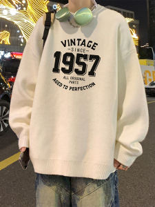 เสื้อสเวตเตอร์คอปกกลมแบบหลวมๆ สำหรับผู้ชาย ฤดูใบไม้ร่วง/ฤดูหนาว 2024 เสื้อสเวตเตอร์ถักแบบสวมหัว ผ้าขนแกะผสมโพลีเอสเตอร์ ระบายอากาศได้ดี