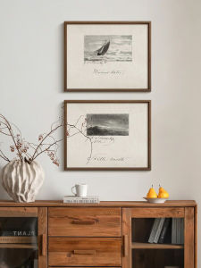 French Vintage Style Mountain And Sea Landscape Sketch Decorative Painting Entrance Living Room Decor Real Wood Framed Artwork