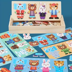 Wooden Animal Dress-Up Puzzle – Interactive Bear Dressing Puzzle Toy Educational Board Game for Kids Birthday Gift for Boys & Girls