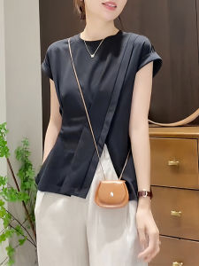 Áo Thun Nữ Tay Ngắn Xếp Ly Không Đều Hở Bên Hông Mùa Hè 2025 Phong Cách Hàn Quốc Dáng Rộng Cổ Tròn Màu Trơn