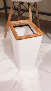 MEILKEA 9L Slim Trash Can with Cover White Garbage Container Trash Bin with Wooden Lid for Bathroom Kitchen