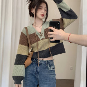 Ready Stock Loose Knit Sweater Pullover Womens long sleeve V-neck Crop Top（40-65kg）