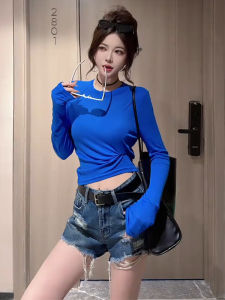 YUEZHONGWEI | Summer 2025 Blue Round Neck Long Sleeve T-Shirt Womens Lightweight Outerwear Sunshade Cover Up Loose Fit Commute Style