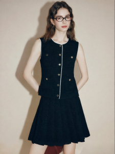 FAMANXUAN | French Color Blocking Ribbon Black Skirt Top Suit