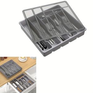 Silverware Organizer with Lid Covered Utensil Tray for Kitchen Drawer and Countertop Plastic Cutlery and Flatware Storage Box