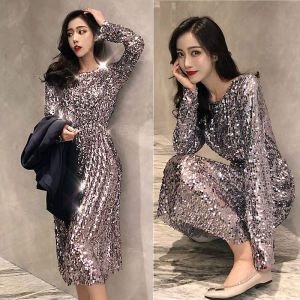 Elegant High Waist Long Sleeve Base Dress Glittering Sequins Slimming Party Gown Korean Style Polyester Material Spring Season