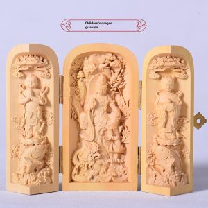 Looking for Ancient Boxwood Craft Western Trinity Buddha Statue Guanyin Ornaments Solid Wood Decoration Portable Buddha Niche Three-Open Box Crafts