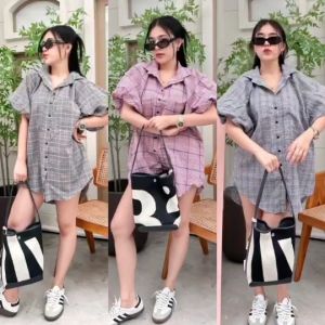 MM20964 เดรสเชิ้ตสก็อตแขนบอลลูน