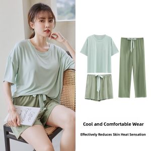 Miiow | Ice Silk Womens Sleepwear Set With Chest Pad Breathable Summer Home Clothes Short Sleeve Round Neck Comfortable Lightweight