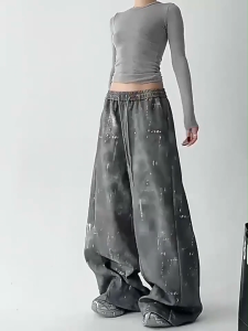 [Summer tie-dye drawstring wide-leg pants]กางเกงขากว้างเอวสูงลายแจ๊สแดนซ์สุดเทรนด์สำหรับผู้หญิงเกาหลี