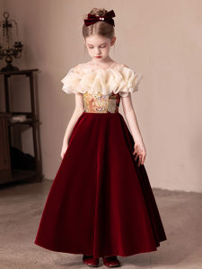 ชุดราตรีสุดหรูหราสีแดงสไตล์วินเทจสำหรับเด็กผู้หญิง ชุดเจ้าหญิงสำหรับงานปาร์ตี้วันเกิด ชุดเด็กผู้หญิงสำหรับการแสดง