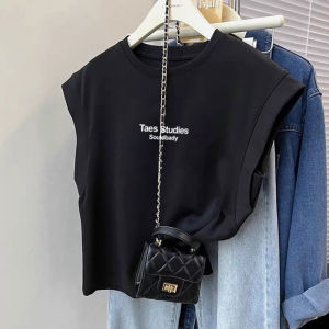 Stylish Niche Style Pure Cotton Shoulder Sleeveless Vest T-shirt Female Summer Loose Leisure All-Matching Flying Sleeves Tops Tide