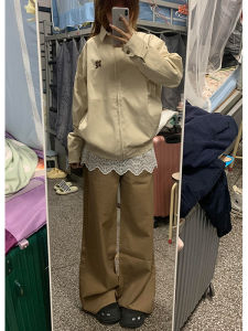 กางเกงยีนส์ทรงหลวมขาตรงเอวสูงสไตล์ย้อนยุคแบบอเมริกันสำหรับผู้หญิง กางเกงขายาวทรงหลวมสีกรมท่า กางเกงขายาวทรงตรง