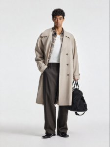 BODYDREAM | Notch Collar Double-Breasted Long Coat with Padded Shoulders and Back Pleat