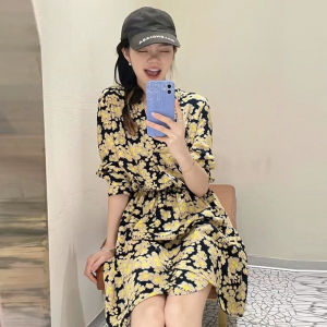 Art Camellia Print French Style Womens Dress U/TI Collaborative Edition Spring New Arrival Street Style V-Neck Long Sleeve