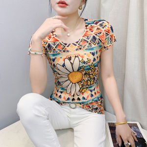 REHIN เสื้อยืดแขนสั้นลายไม่เหมือนใครแฟชั่นใหม่ฤดูร้อนเข้ารูปพอดีคอกลม S-3XL ผู้หญิง