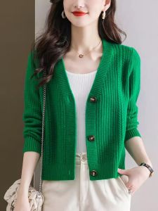Womens V-Neck Knitted Open Cardigan Loose Fit Short Style Spring Autumn Fashion Outerwear Soft Long Sleeve Casual Top