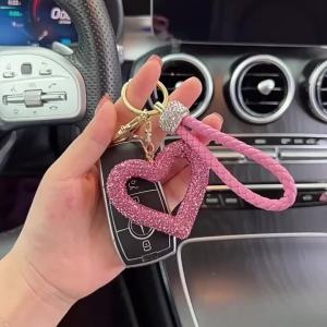 Creative Hollow out Ceramic Clay Full Diamond Love Key Chain Leather Rope Sticking Water Diamond Car Key Pendant Simple