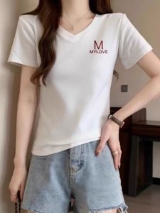 Summer Slim Fit Cotton T-Shirt White Versatile Embroidered Letter Pattern V-Neck Short Sleeve Breathable Sweat-Wicking Top