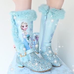 Martin Boots for Girls Winter New Arrival Fleece-lined Mid-High Tube Boots Princess Elsa High Heel Little Girl Frozen Shoes