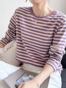 Loose Fit Pure Cotton Long Sleeve Striped T-Shirt Womens Base Layer Shirt Slimming Spring Autumn Winter New Style Anti-aging