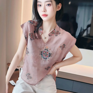 เสื้อเชิ้ตแขนพองสไตล์จีนใหม่ที่หรูหราและสวยงาม ทรงหลวม แขนสั้น ปกสูท ผ้าฝ้ายผสมโพลีเอสเตอร์ ฤดูร้อน 2025