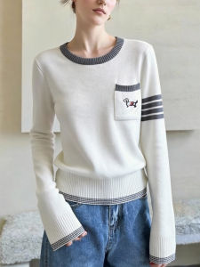 QINGNAER | Oversized Dog Embroidery Color Block Sweater