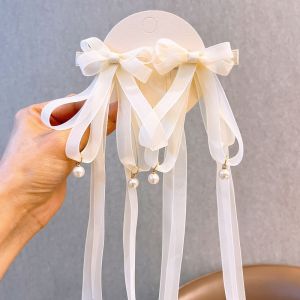 Toddler Girls Pink Off-white Bow Hair Clips with Long Ribbon and Pendant Sweet Tassel Hair Accessories for Party Daily Wear W023